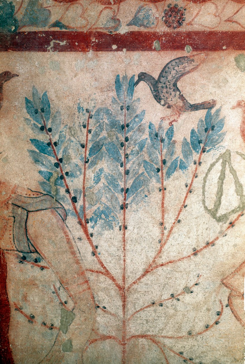En fugl som sitter på et lite tre (Fresco, detalj, 530 f.Kr.) av Etruscan