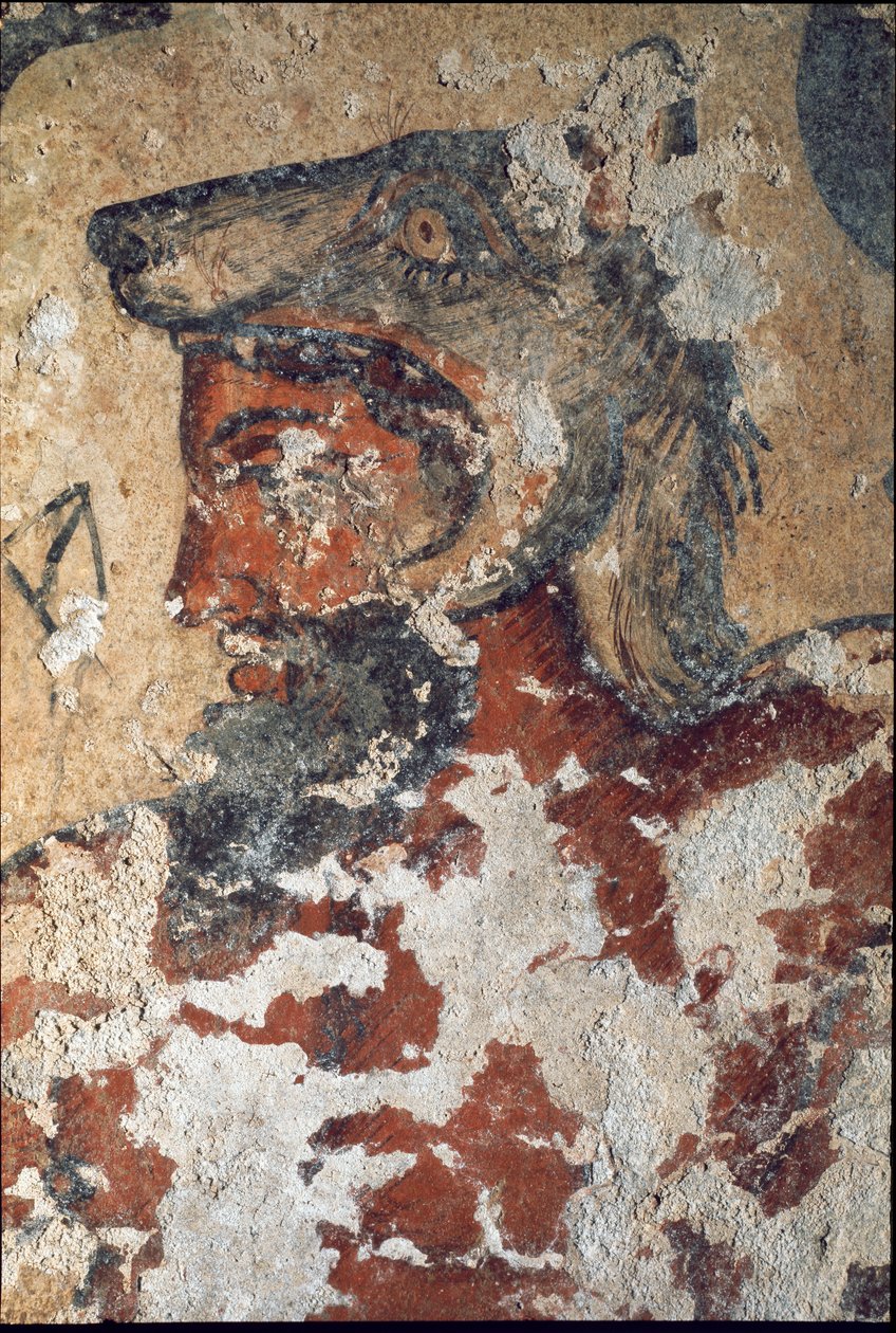 Aita (Eiza), etruskisk gud for livet etter døden, iført en ulvehette (detalj av freskomaleri, 4. f.Kr.) av Etruscan
