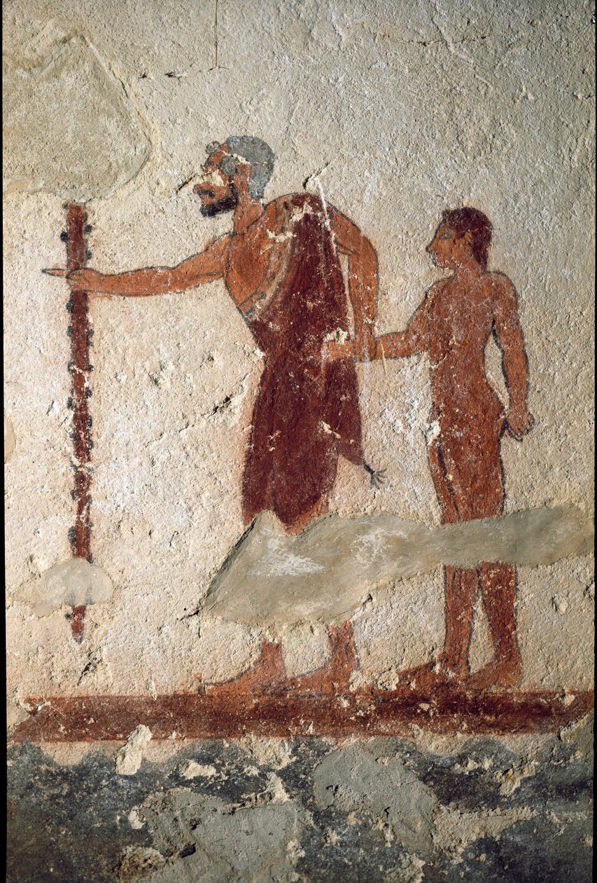 En gammel mann akkompagnert av en ung mann (Fresco, detalj, 530 f.Kr.) av Etruscan