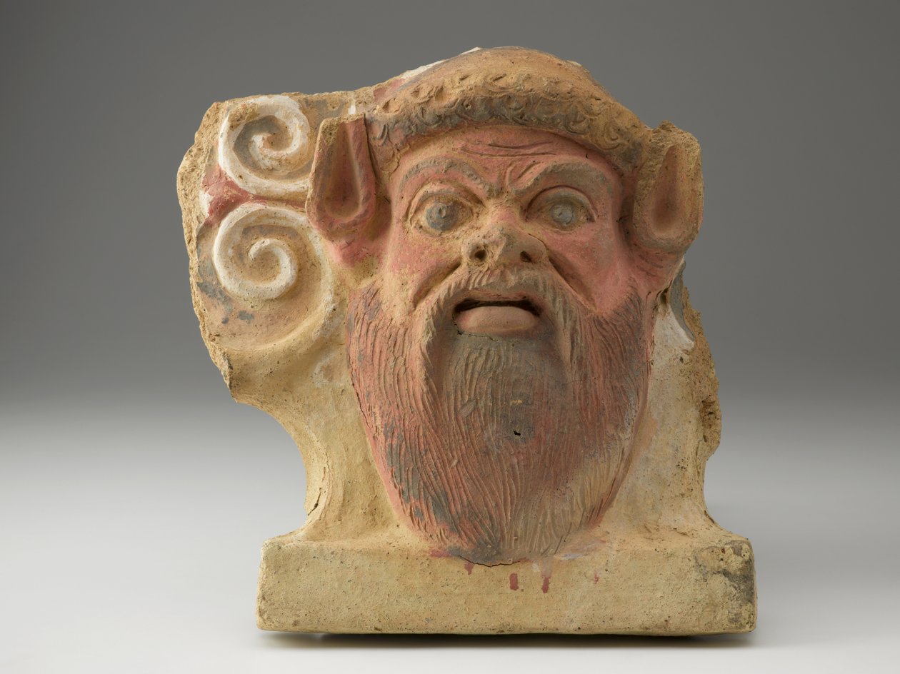 Antefix in the Shape of a Satyrs Head, midten av 500-tallet (terrakotta med pigment) av Etruscan