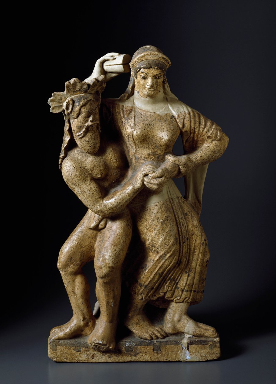 Etruskisk antikke: ""Satyre og dansende menade"" Terrakottaskulptur fra et tempel til Mater matuta i Satricum. 480 f.Kr. Dim. 59 cm Roma, Nasjonalmuseet for Villa Giulia av Etruscan
