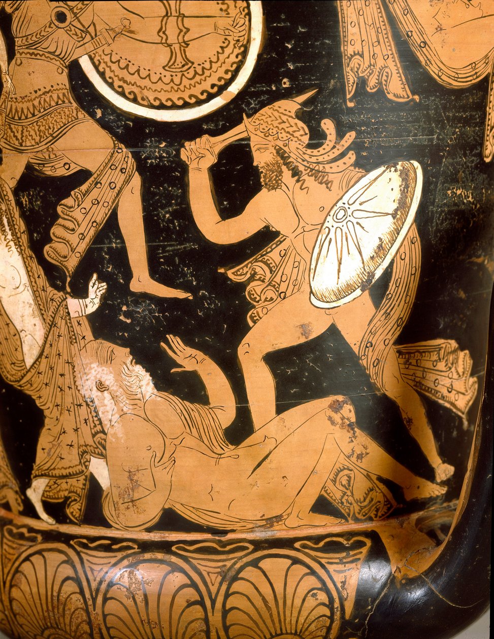Antik etrusk: klokkekrater som representerer ødeleggelsen av Troja: detalj som representerer Priam drept av Neoptoleme. Fra Falerii Veteres (Civita Castellana). 350-300 f.Kr. Roma, Nasjonalmuseet for Villa Giulia av Etruscan