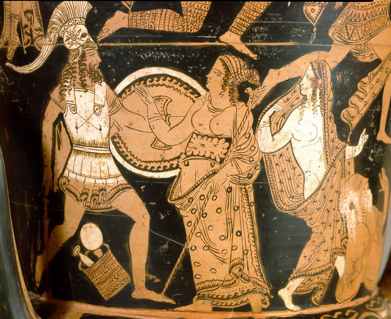 Antik etrusk: krater i klokke som representerer ødeleggelsen av Troja: detalj som representerer Menelas vendt mot Afrodite, Helene er representert til høyre. Fra Falerii Veteres (Civita Castellana). 350-300 f.Kr. Roma, Museo Nazionale di Villa Giulia av Etruscan