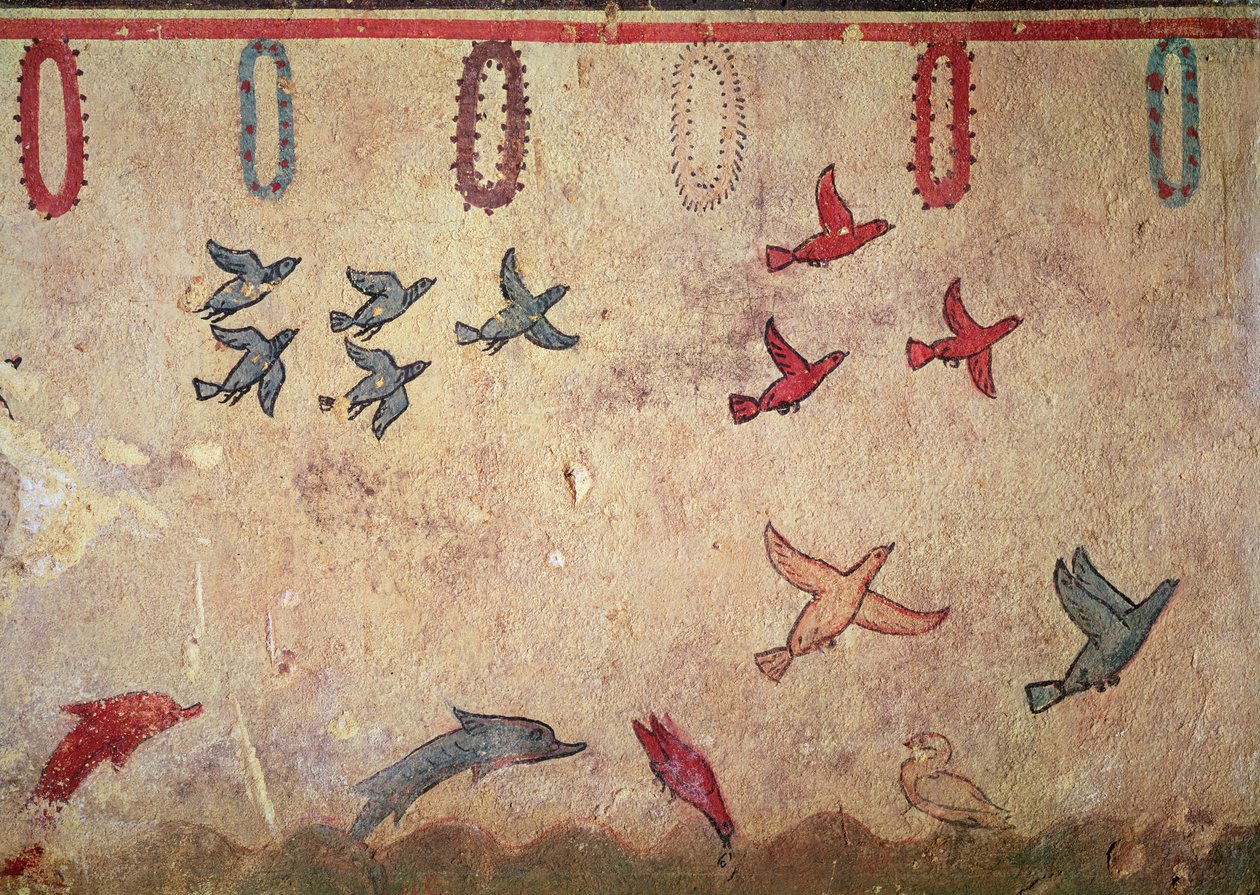Vannfugler og hoppende delfiner, fra graven for jakt og fiske, ca. 520-10 f.Kr. (veggmaleri) av Etruscan