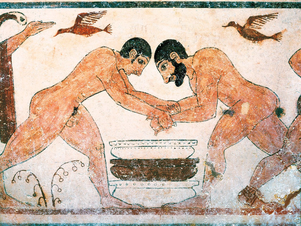 Etruskisk kunst: Idrettsutøvere avbildet i Augurs grav i nekropolisen Monterozzi Tarquinia, nær Viterbo, Italia. Freske fra 600-tallet f.Kr. av Etruscan