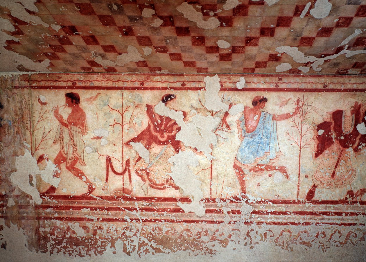 Dansere og musikere under en bankett. Fresker av Tomba del triclinium, 5. århundre f.Kr av Etruscan