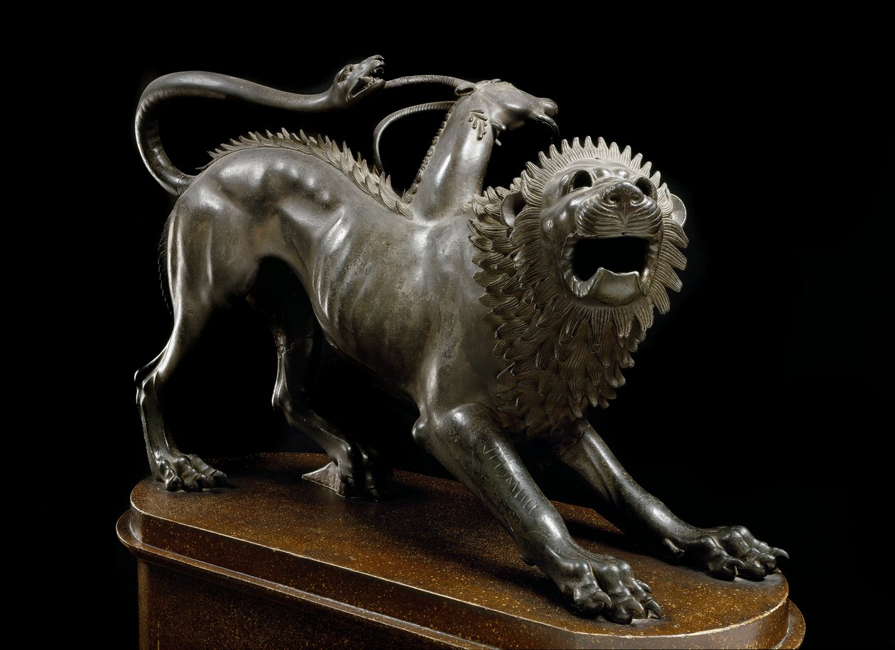 Etruskisk kunst: Chimere d'Arezzo blessee av Bellerophon (Chimera ferita av Bellerofonte) - Bronseskulptur, 400-350 f.Kr. - Arkeologisk museum i Firenze - Chimera of Arezzo - Etruskisk bronseskulptur (H. 65 cm), 400-350 f.Kr. - Firenze , Museo Archeolo av Etruscan