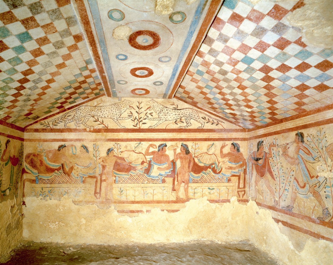 Etruskisk leopardgrav, freskomaleri som viser bankettscene, Tarquinia. 5. århundre f.Kr., Italia (fresco) av Etruscan