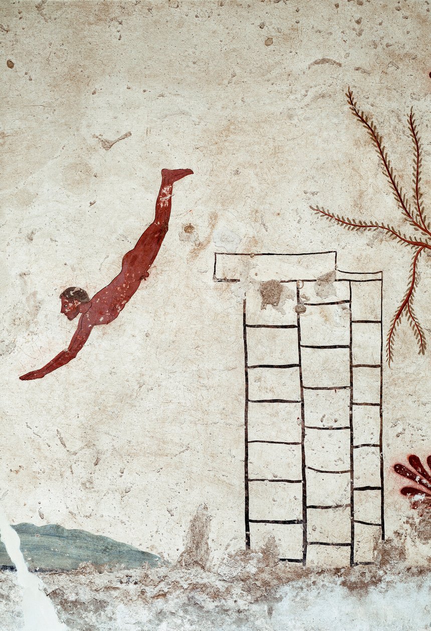 Etruskisk kunst: En ung svømmer som dykker. Freske av graven til "dykkeren". Detalj. Fra den sørlige kirkegården i Paestum. 480-470 f.Kr. Museo Archeologico Nazionale, Paestum av Etruscan