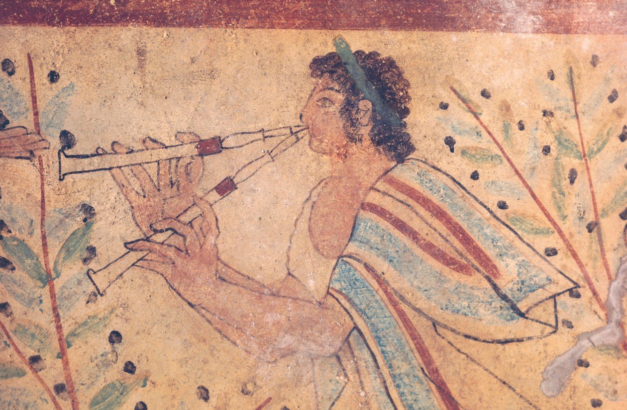 Etruskisk kunst: en fløytespiller. Detalj av en freskomaleri ved Leopardenes grav, i nekropolisen de Monterozzi, Italia, beg av 500-tallet f.Kr. (fresco) av Etruscan