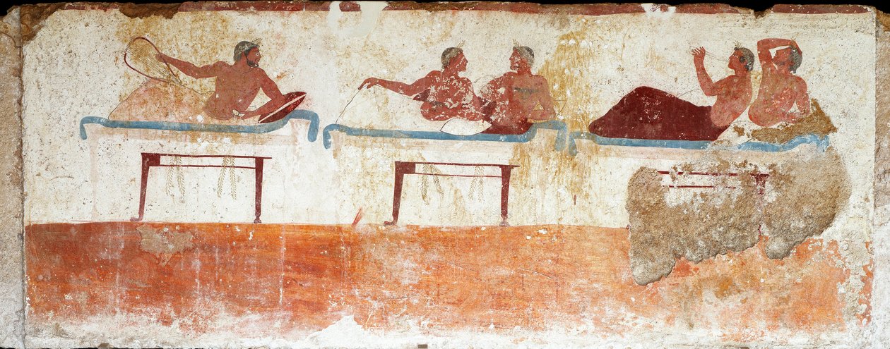 Etruskisk kunst: bankettscene. Freske av graven til "dykkeren". Fra den sørlige kirkegården i Paestum. 480-470 f.Kr. Museo Archeologico Nazionale, Paestum av Etruscan