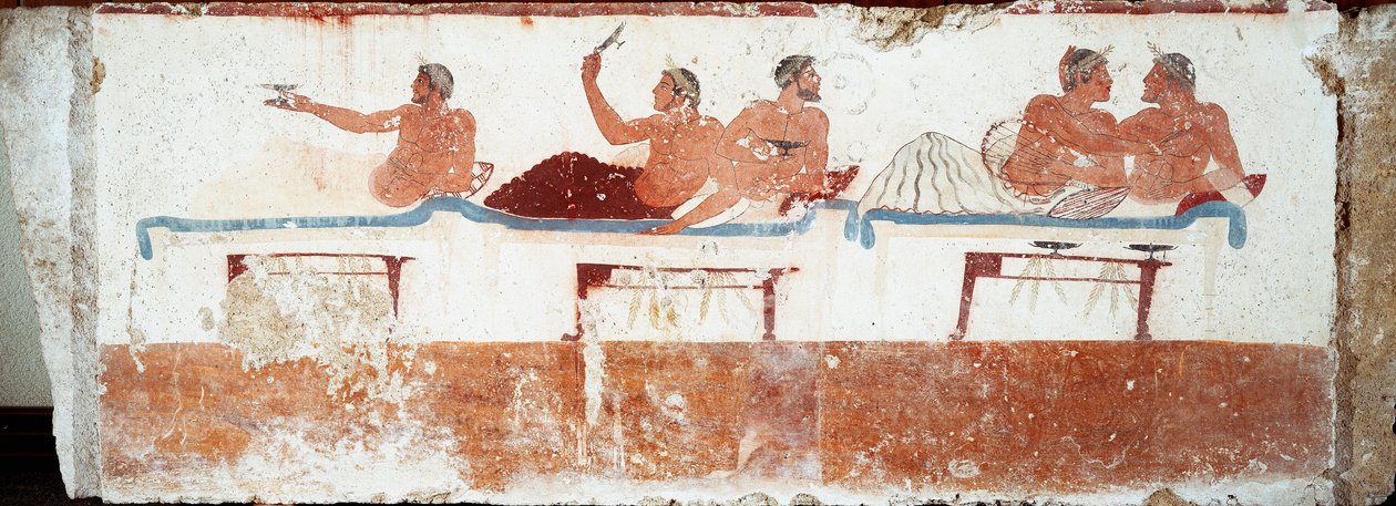 Etruskisk kunst: bankettscene. Freske av graven til "dykkeren". Fra den sørlige kirkegården i Paestum. 480-470 f.Kr. Museo Archeologico Nazionale, Paestum av Etruscan