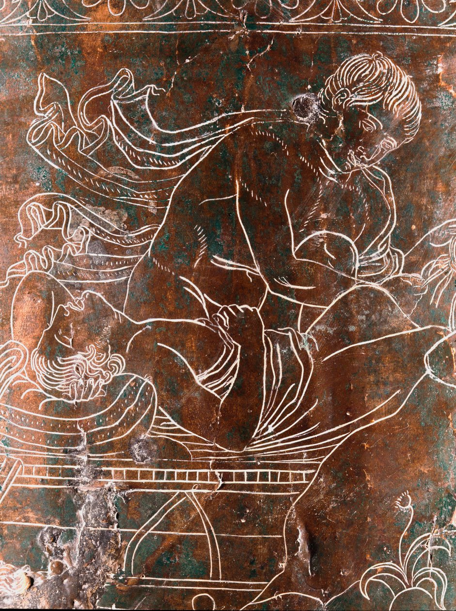 Etruskisk kunst: detalj av bronse Ficoroni Cistus som representerer legenden om Argonautene: skipet Argos. Fra Preneste (Palestrina). 340 f.Kr. Museo Nazionale di Villa Giulia, Roma av Etruscan