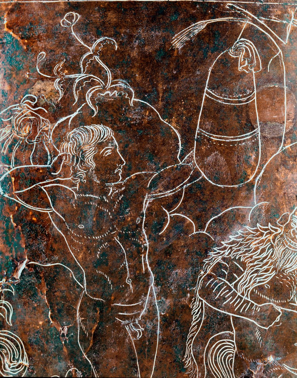 Etruskisk kunst: detalj av bronse Ficoroni Cistus som representerer legenden om Argonautene: en argonauttrening i pugilate. Fra Preneste (Palestrina). 340 f.Kr. Nasjonalmuseet for Villa Giulia, Roma av Etruscan