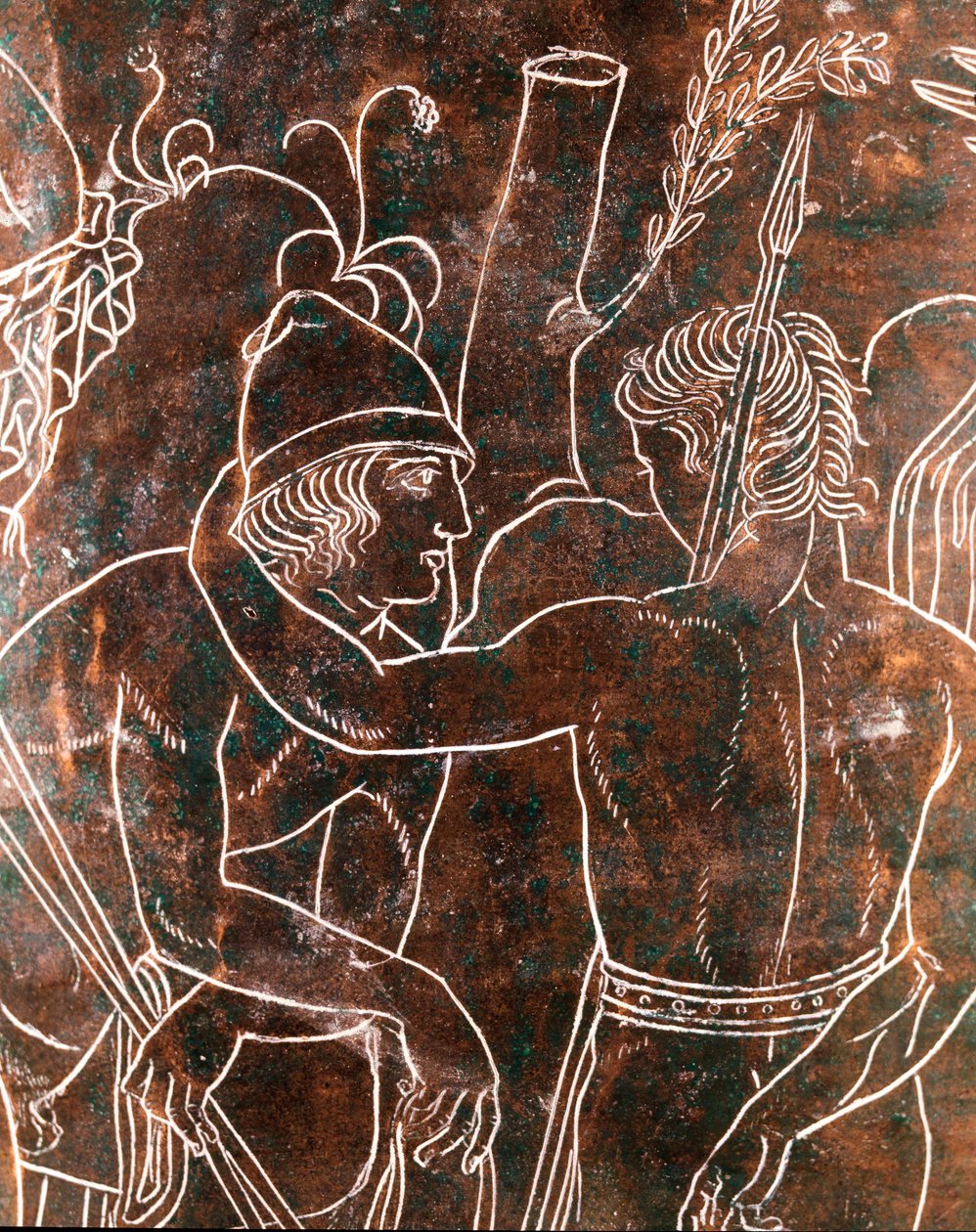 Etruskisk kunst: detalj av bronse Ficoroni Cistus som representerer legenden om Argonautene. Fra Preneste (Palestrina). 340 f.Kr. Nasjonalmuseet for Villa Giulia, Roma av Etruscan
