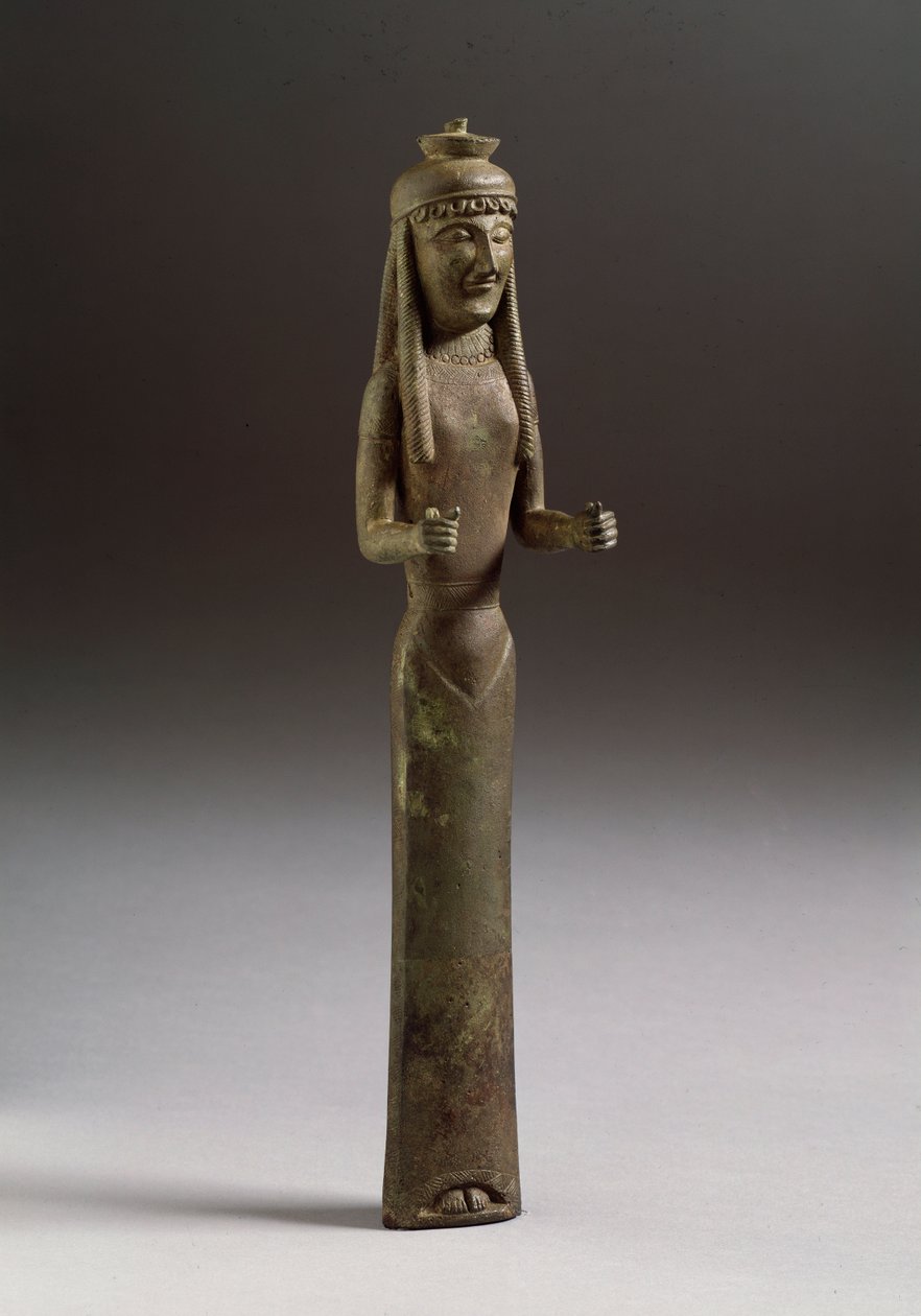 Etruskisk kunst: offerfigur (etruskisk kunst, en offerfigur, bronseskulptur fra Italia, 550 f.Kr., Dim 36 cm) Bronseskulptur, Italia 550 f.Kr. Firenze, Museo Archeologico av Etruscan