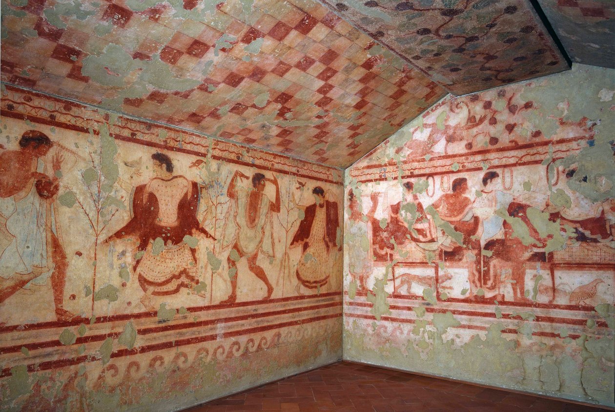 Etruskisk kunst: fresker som skildrer bankettscener. Trikliniums grav. 5. århundre f.Kr. Nasjonalt arkeologisk museum i Tarquinia Italia av Etruscan