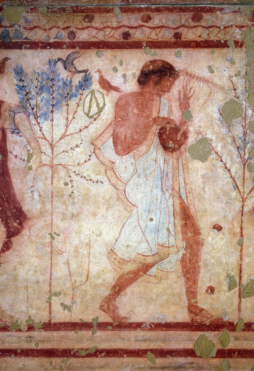 Etruskisk kunst: fresker som viser bankettscener, detaljer som viser en lyrespiller. Trikliniums grav. 5. århundre f.Kr. Nasjonalt arkeologisk museum i Tarquinia Italia av Etruscan
