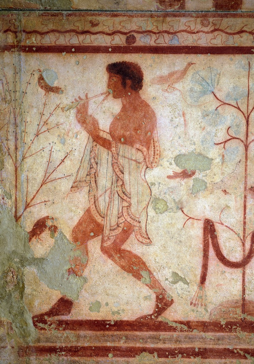 Etruskisk kunst: fresker som representerer bankettscener, detaljer som representerer en fløytespiller. Trikliniums grav. 5. århundre f.Kr. Nasjonalt arkeologisk museum i Tarquinia Italia av Etruscan