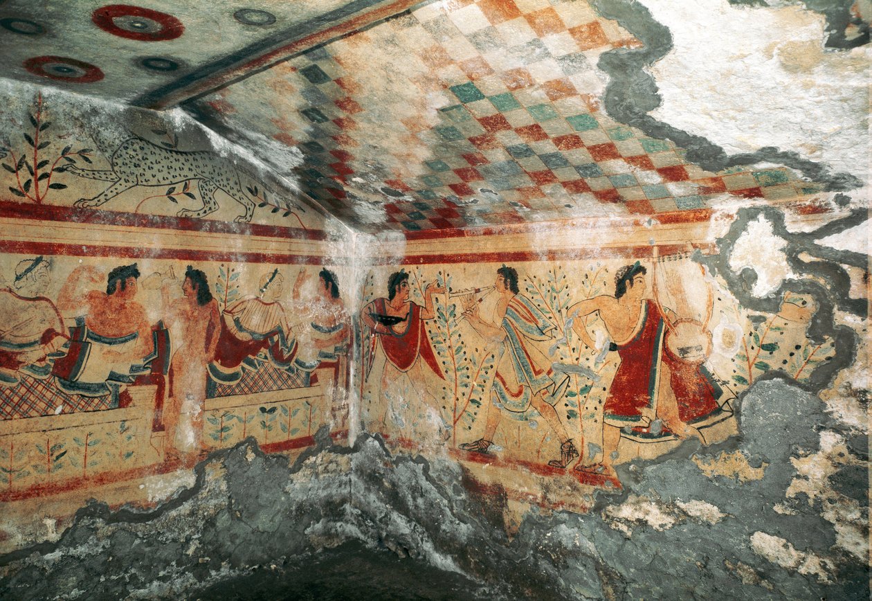 Etruskisk kunst: utsikt over det indre av graven til leopardene dekorert av fresker som representerer en bankettscene med dansere. 470 f.Kr. Necropole de Monterozzi, Tarquinia, Italia av Etruscan