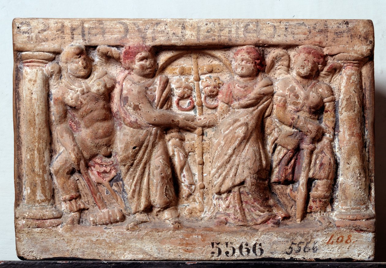 Etruskisk sivilisasjon: Terrakotta urne fra Chiusi Italia - 2. århundre f.Kr. Dim 20x30 cm (etruskisk kunst: terrakotta urne 2. århundre f.Kr.) Firenze, Museo Archeologico, inv 5566 av Etruscan