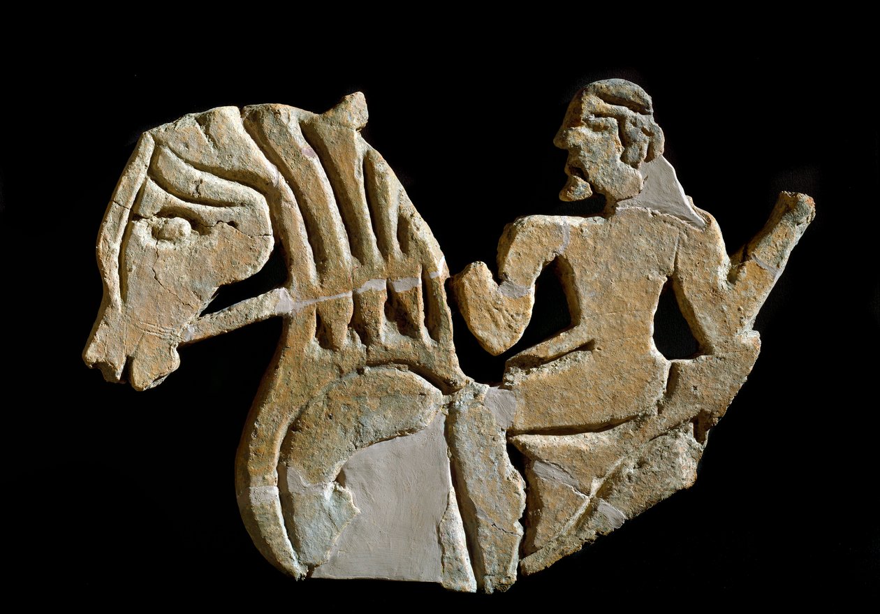 Etruskisk sivilisasjon: acrotere skulpturert i form av en rytter. 7. århundre f.Kr. Fra palasset i Murlo. Firenze, Soprintendenza Archeologica av Etruscan
