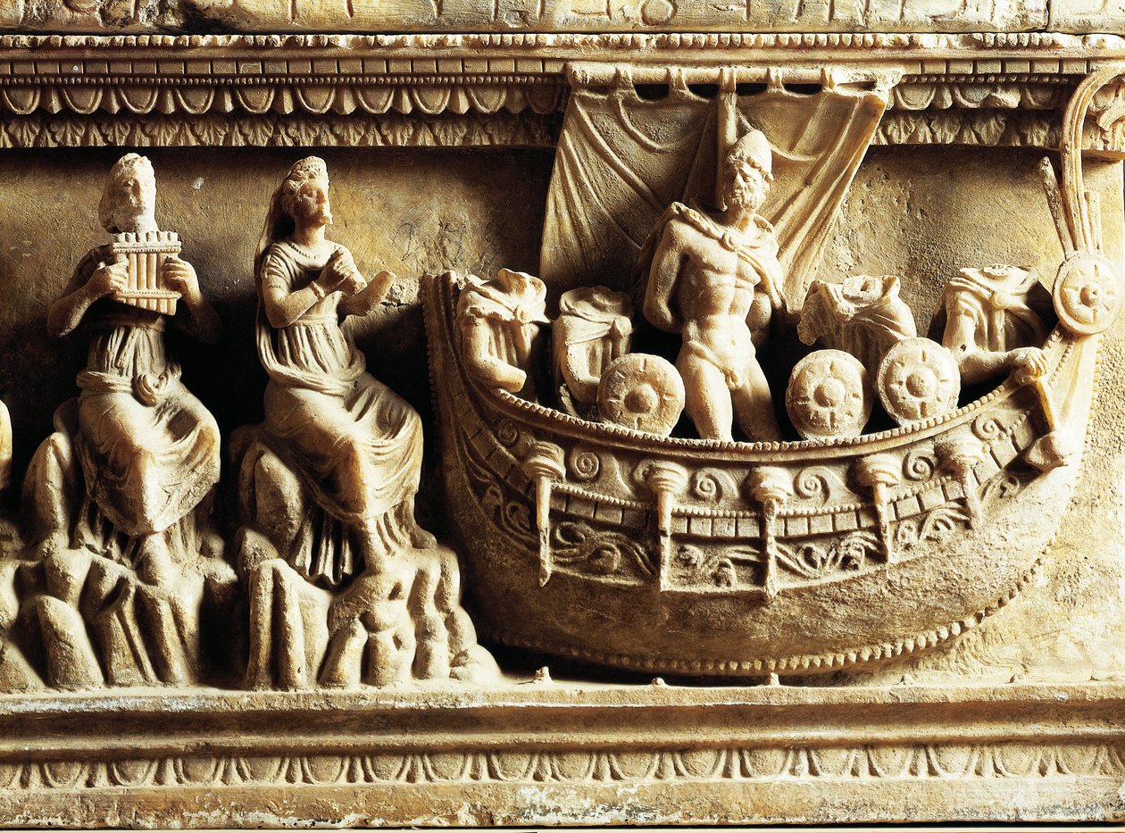 Etruskisk sivilisasjon, alabasturne, detalj av relieff som viser Odyssevs og sirener av Etruscan