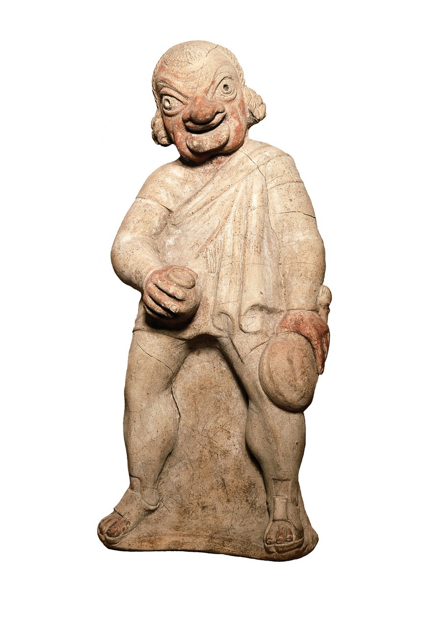 Etruskisk sivilisasjon: representasjon av en komisk skuespiller med grotesk uttrykk. Skulptur fra det 2. århundre før JC. London, britisk museum av Etruscan