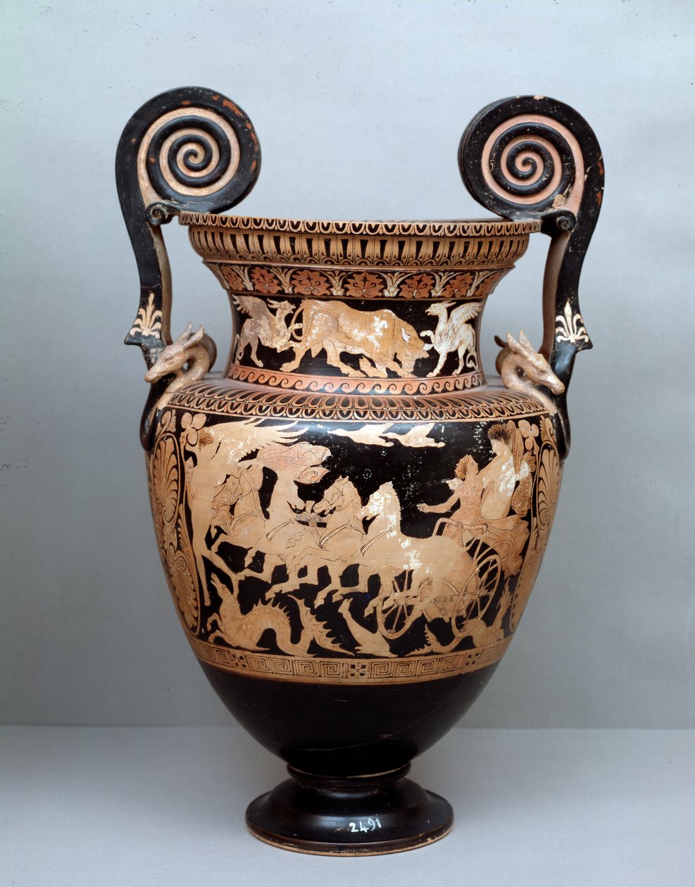 Etruskisk sivilisasjon: terrakottakrater med volutter som representerer Aurora på vognen hennes, 360–340 f.Kr., fra Cerveteri, Italia av Etruscan