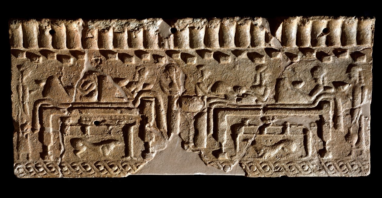 Etruskisk sivilisasjon: terrakottafrise utsmykket med en bankettscene. 580 f.Kr. Dim. 24x54 cm. Fra Murlo Palace. Murlo, Antiquarium Comunale av Etruscan