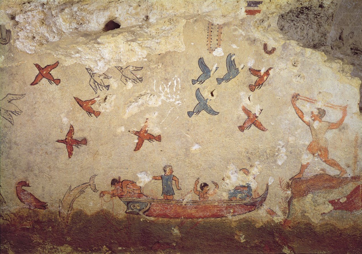 Fiskere i båt og fugler som flyr, fra graven for fiske og jakt, ca. 520-510 f.Kr. (veggmaleri) av Etruscan