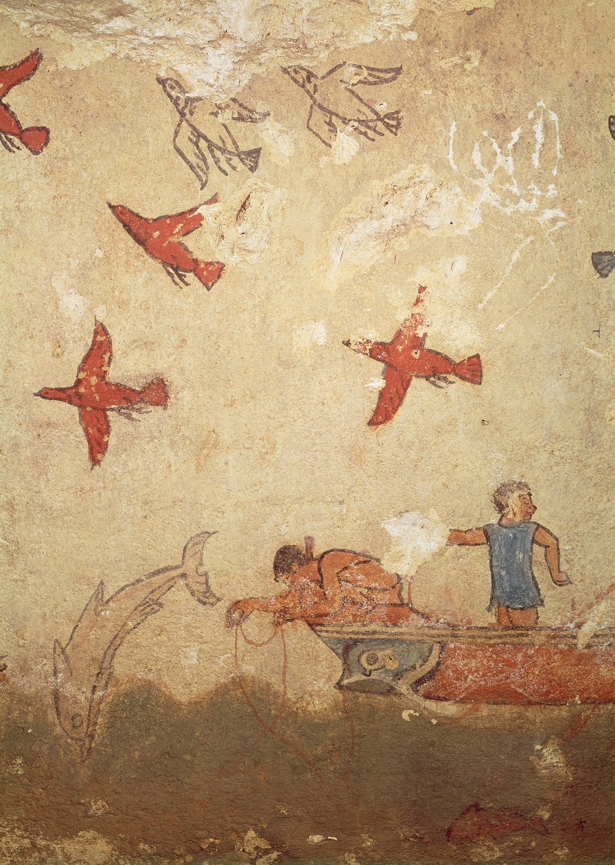Fiskebåt, fra graven for jakt og fiske, ca. 520-10 f.Kr. (veggmaleri) av Etruscan