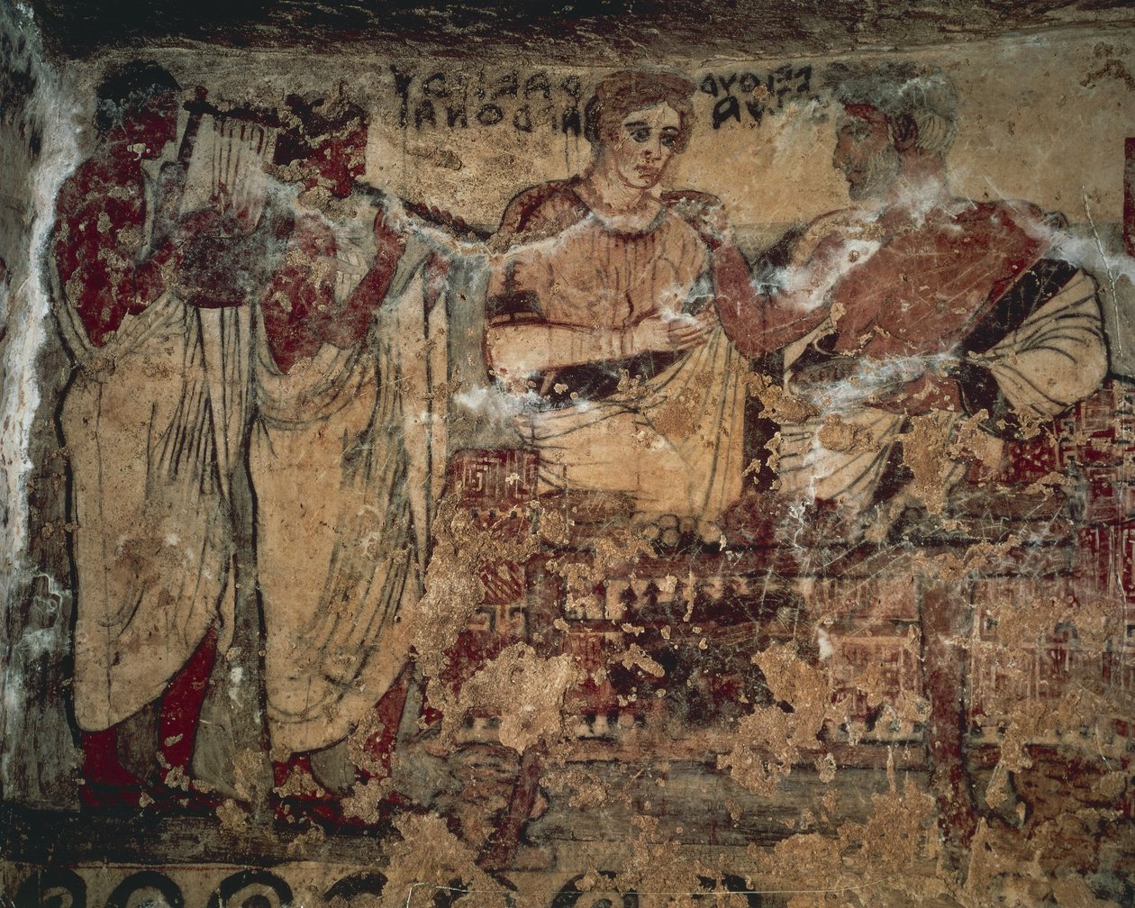 Freske som viser begravelsesbankett til Velthur Velcha med kona Ravnthu Aprthnei underholdt av to musikere av Etruscan