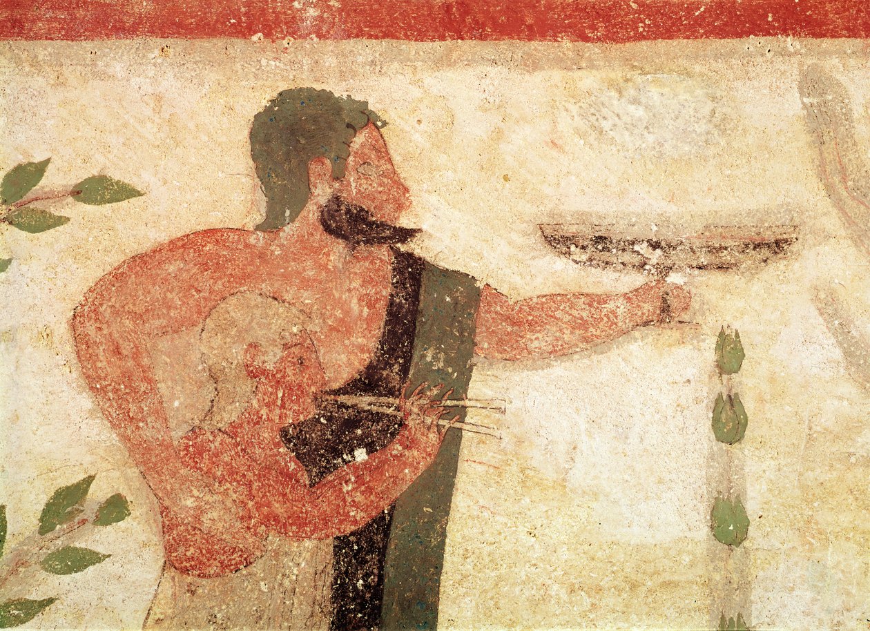 Hodet til en mann og et barn som spiller en dobbelfløyte, fra baronens grav, ca. 500 f.Kr. veggmaleri detalj av 407470 av Etruscan