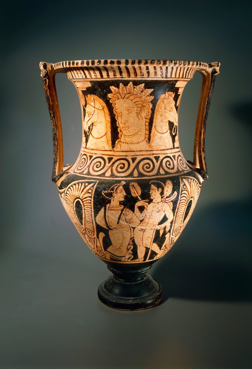 Kelebe eller kolonnekrater, av Asciano-maleren, som viser en ung jente som mottar en flabellum (vifte). Keramikk med røde figurer fra graven 3 til Poggio Pinci, Asciano (Toscana). Etruskisk sivilisasjon, 4. århundre f.Kr. av Etruscan