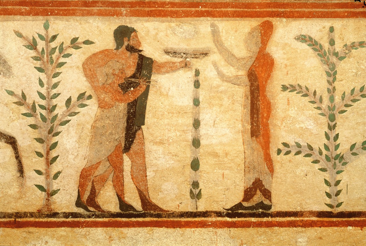Mann og barn før den døde heltemannen, fra baronens grav, ca. 500 f.Kr. (veggmaleri) (for detaljer se 407469) av Etruscan