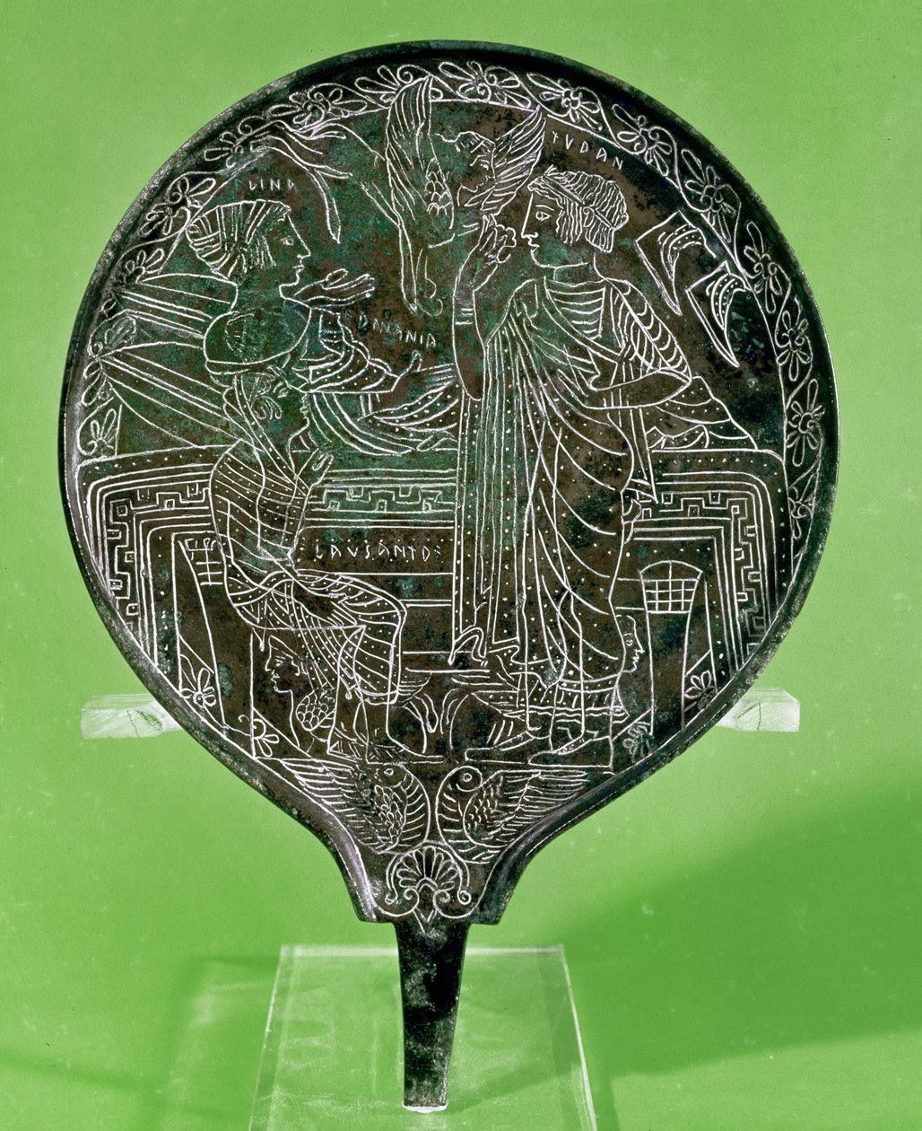 Speil som viser Afrodite som overtaler Helen til å følge Paris til Troy, fra Palestrina (bronse) av Etruscan