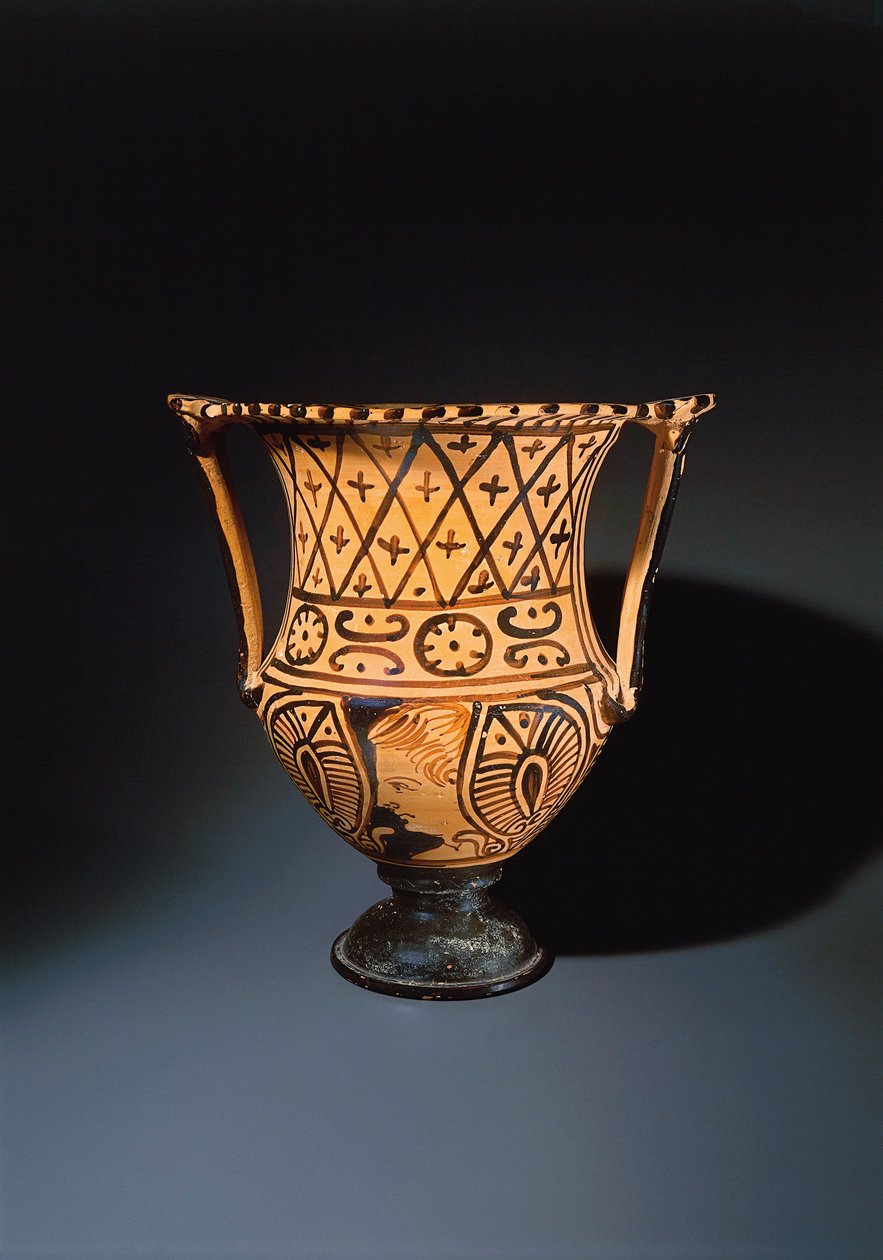 Rød-figur calyx krater (vase brukt til å blande vin og vann) som viser et menneskelig ansikt av Etruscan