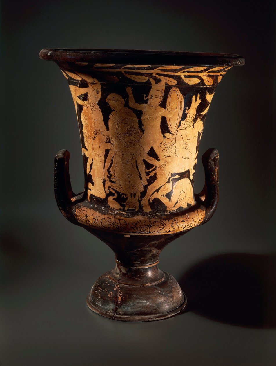 Keramikk med røde figurer, Calyx-krater med kjempende krigere, fra Vulcente Workshop av Etruscan