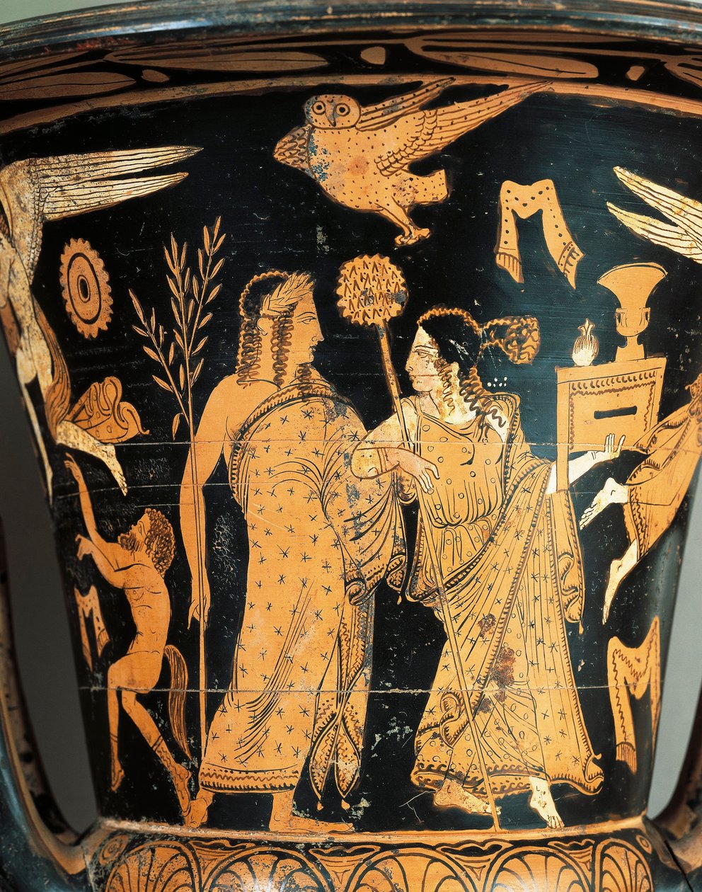 Keramikk med røde figurer, Krater, fra Civita Castellana, gamle Falerii, Roma-provinsen, Italia, detalj, kronet Dionysos og Ariadne av Etruscan