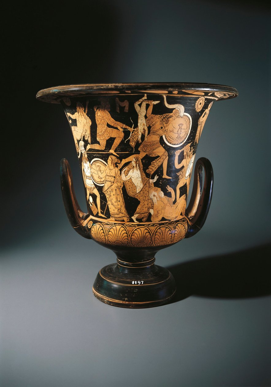 Keramikk med rød figur, begerkrater som viser Neoptolemus, Astyanax, Helen av Troja og Priamo på bakken, av Nazzano Painter, fra Civita Castellana av Etruscan