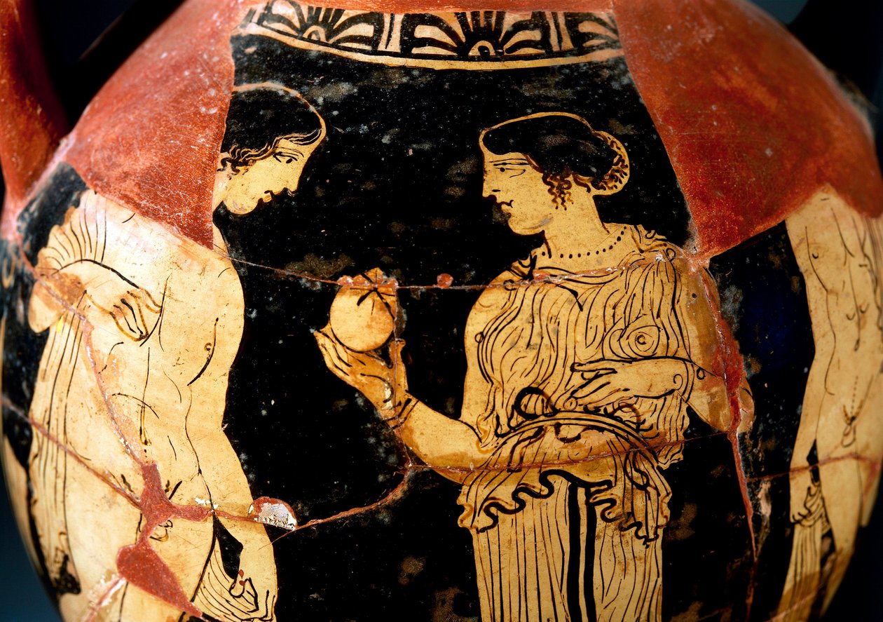 Keramikk med rød figur, pelike som viser ung jente som tilbyr granateple, restaurert av Sommavilla Painter av Etruscan