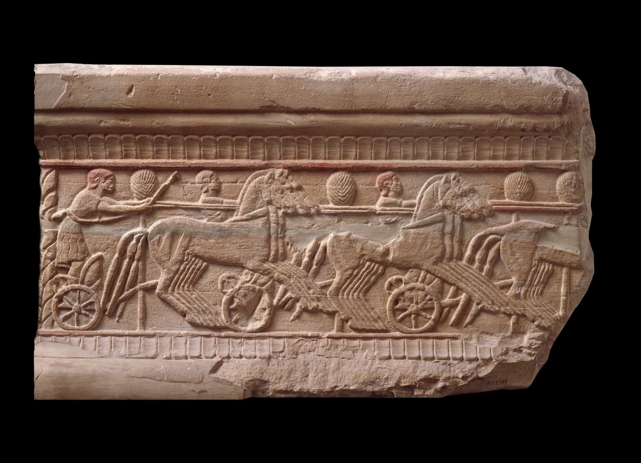 Avlastning med et vognløp fra en marmormilepæl i Chiusi, Italia, 600-tallet f.Kr. av Etruscan