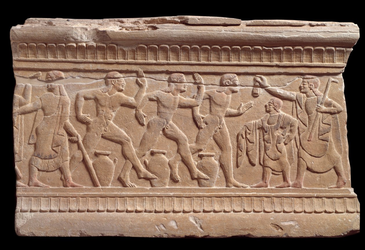Avlastning med et løp av idrettsutøvere fra en marmormilepæl i Chiusi, Italia, 6. århundre f.Kr. av Etruscan