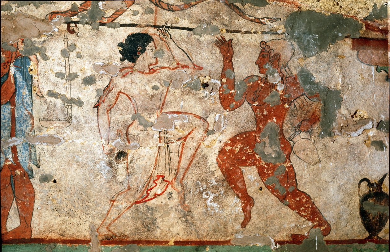 Rituell dans, ung kvinne iført en gjennomsiktig tunika og ung mann naken. (Detalj av freskomaleri, 520 f.Kr.) av Etruscan