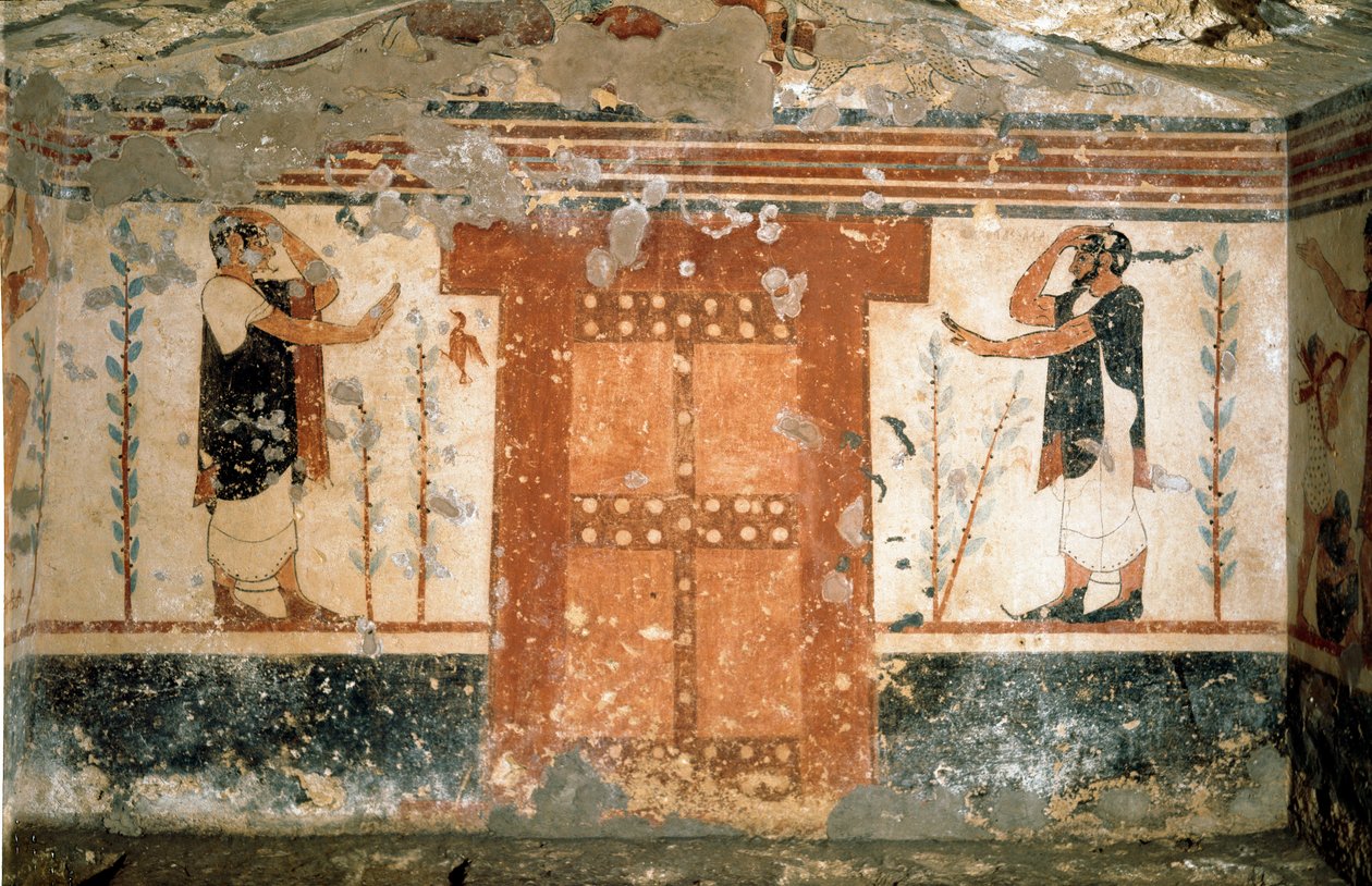 To karakterer som hilser nær porten som symboliserer inngangen til dødens rike (Fresco, 530 f.Kr.) av Etruscan