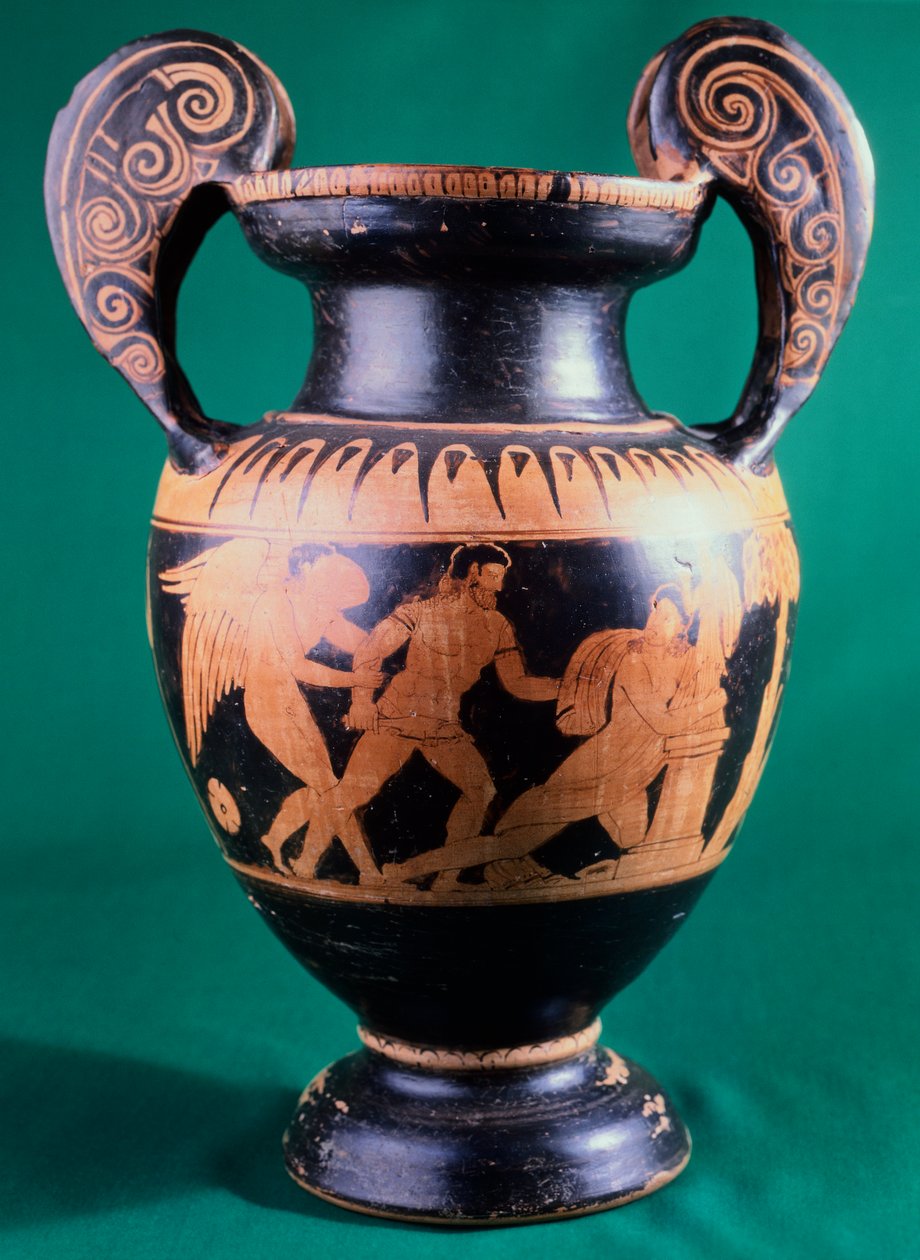 Volute krater av maleren av Mainz, som viser en kriger og en amazon. Keramikk med rød figur. Etruskisk sivilisasjon, 4. århundre f.Kr. av Etruscan