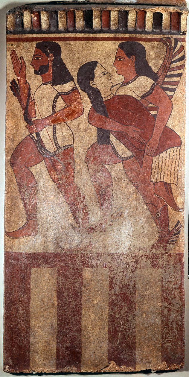 Etruskisk kunst: Platemalt terrakotta kalt Plaque Campana: en bueskytter, en genievinge som bærer en feminin figur (Cerveteri (Italia), 6. århundre f.Kr.). Paris, Musée du Louvre av Etruscan Etruscan