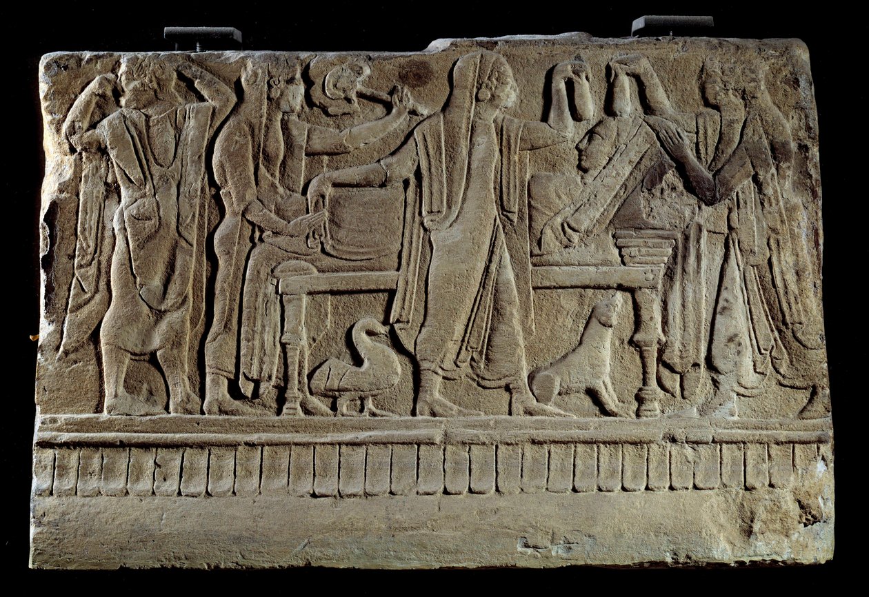 Etruskisk antikvitet: Plakett med begravelsescippe. Utstilling av avdøde på hennes begravelsesseng. Paris, Musée du Louvre av Etruscan Etruscan