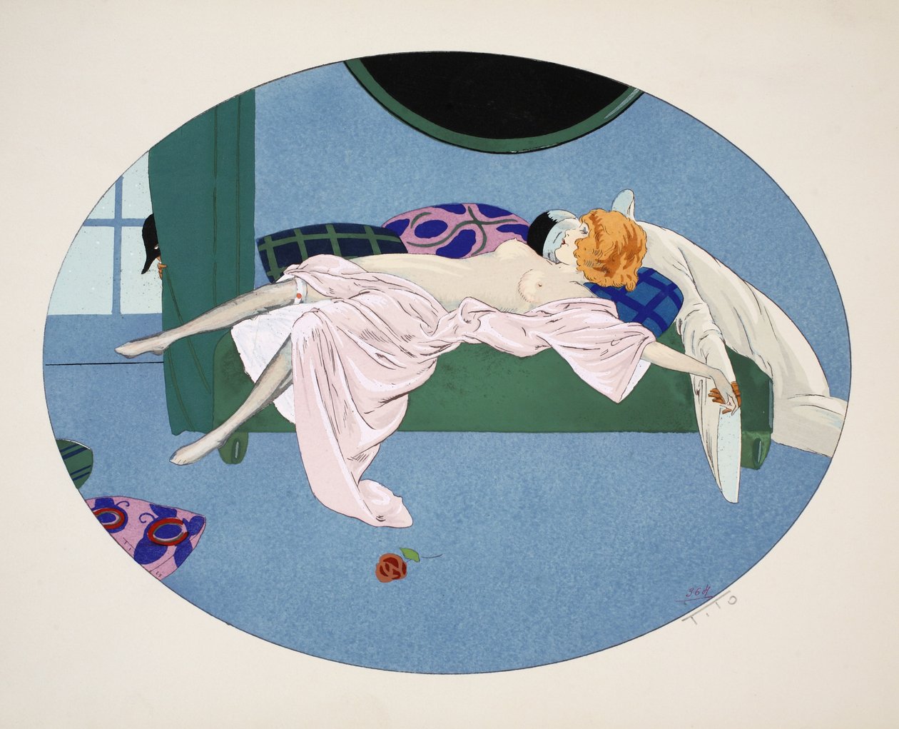 De fem sansene – hørsel, syn, lukt, berøring og smak, pub. Paris, 1925 (stensiltrykk) av Ettore Tito